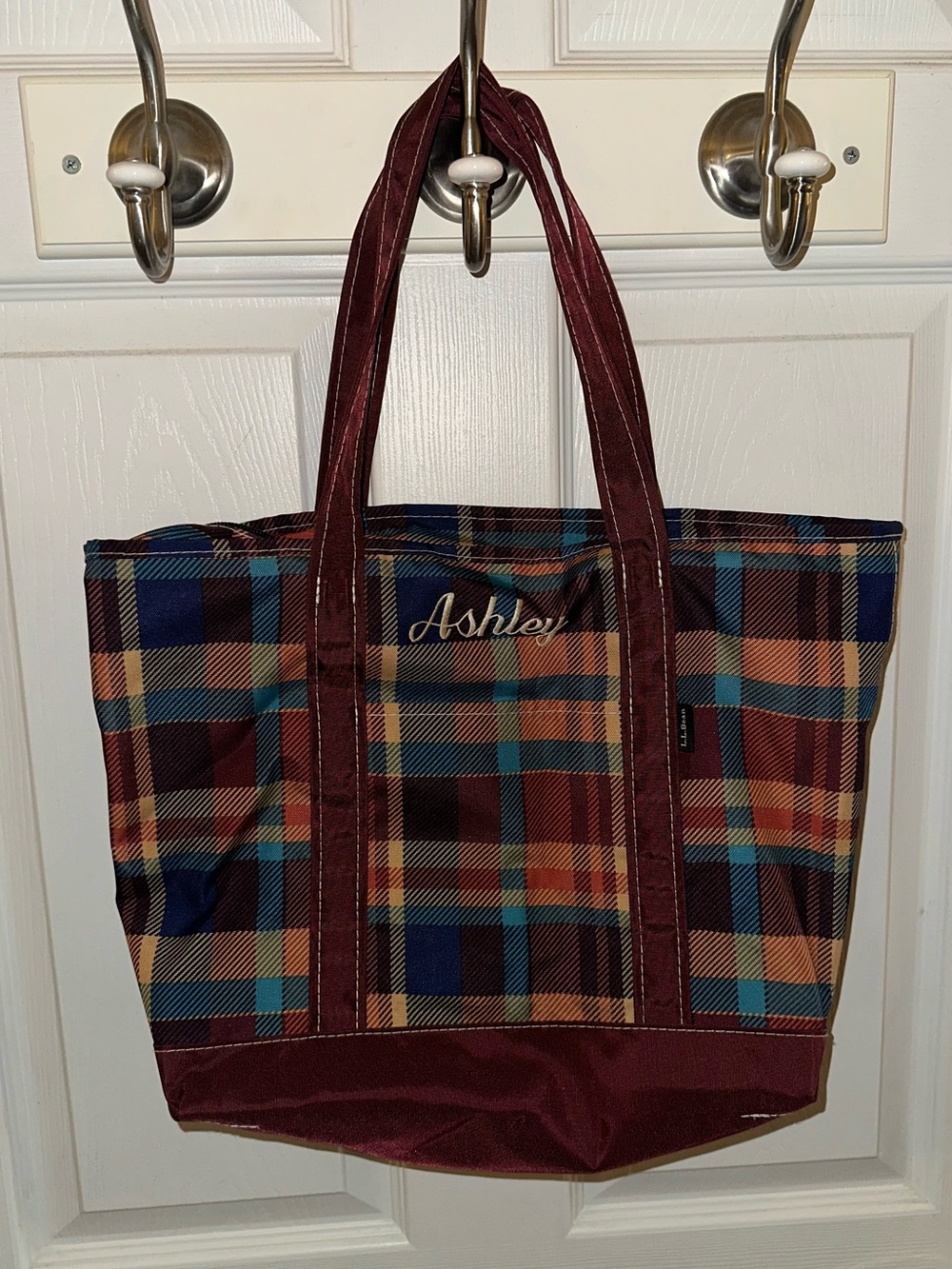 L.L. Bean Plaid Tote in Burgundy, Navy, Teal, Tan
